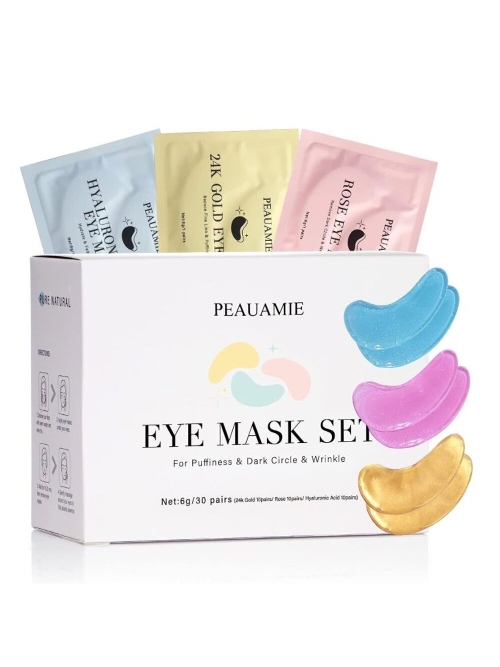 PEAUAMIE Under Eye Mask Patches Set 30 Pairs 24K Gold Hyaluronic Acid Rose NEW